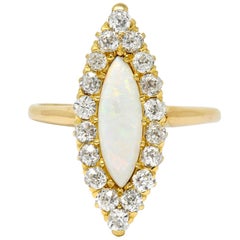 Victorian Diamond Opal 18 Karat Gold Navette Cluster Ring