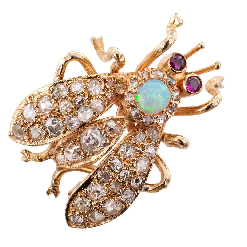 Victorian Diamond Opal Ruby Gold Bee Brooch