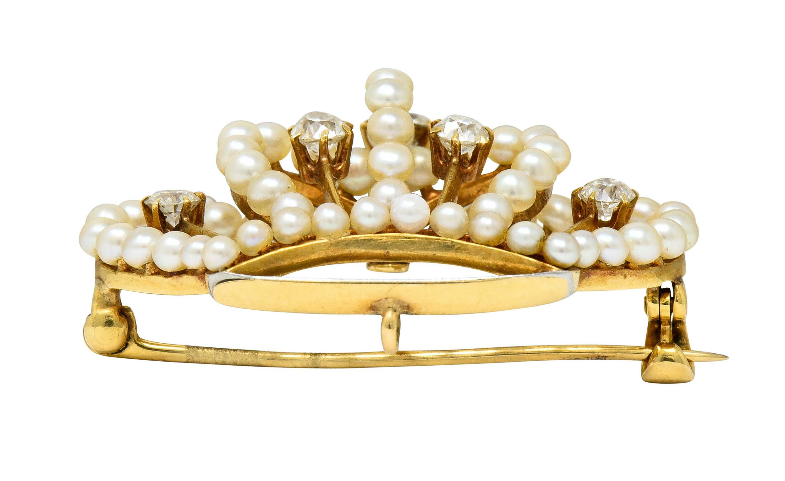Victorian Diamond Pearl 14 Karat Gold Crown Pendant Brooch 5