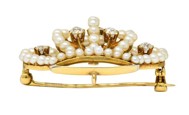 Victorian Diamond Pearl 14 Karat Gold Crown Pendant Brooch at 1stDibs