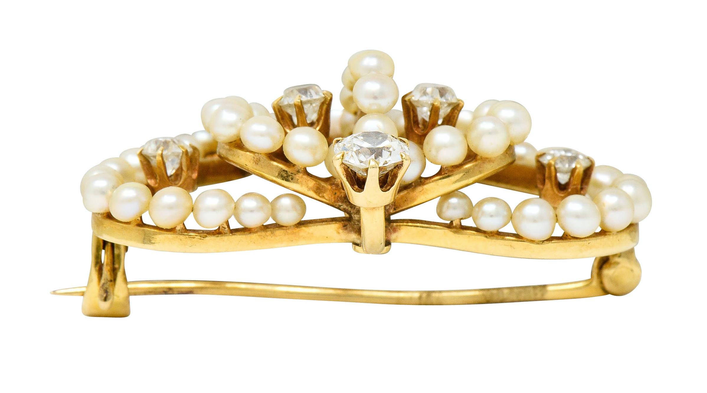 Victorian Diamond Pearl 14 Karat Gold Crown Pendant Brooch 7