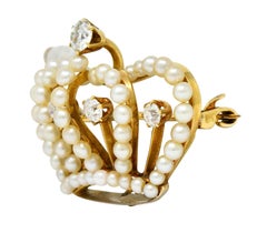 Victorian Diamond Pearl 14 Karat Gold Crown Pendant Brooch