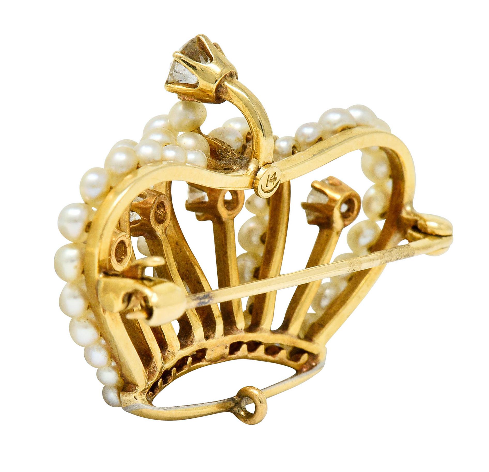 Women's or Men's Victorian Diamond Pearl 14 Karat Gold Crown Pendant Brooch
