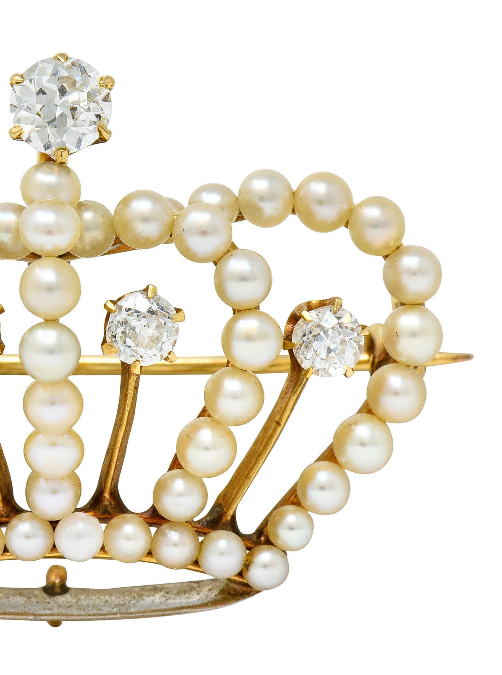 Victorian Diamond Pearl 14 Karat Gold Crown Pendant Brooch 3