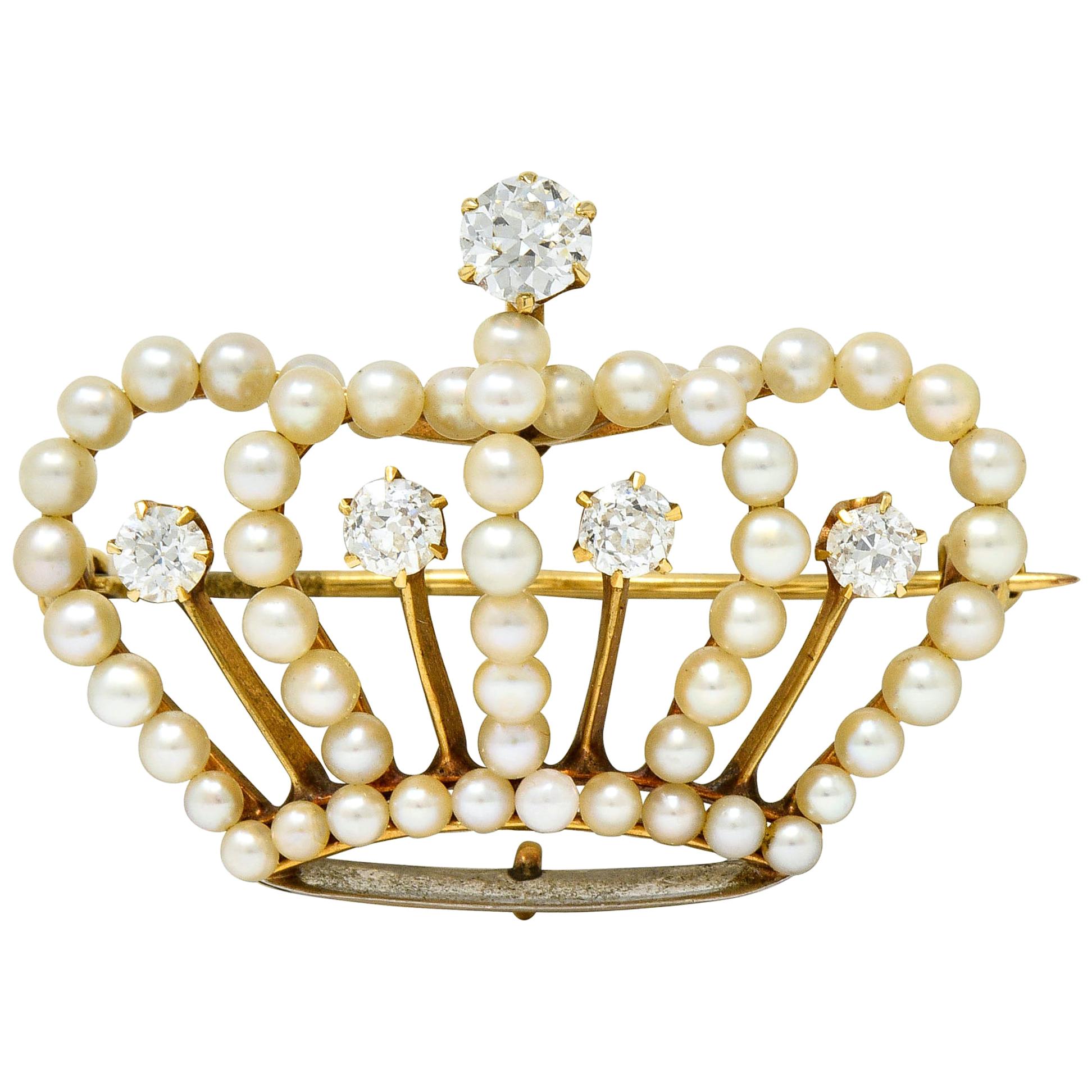 Victorian Diamond Pearl 14 Karat Gold Crown Pendant Brooch