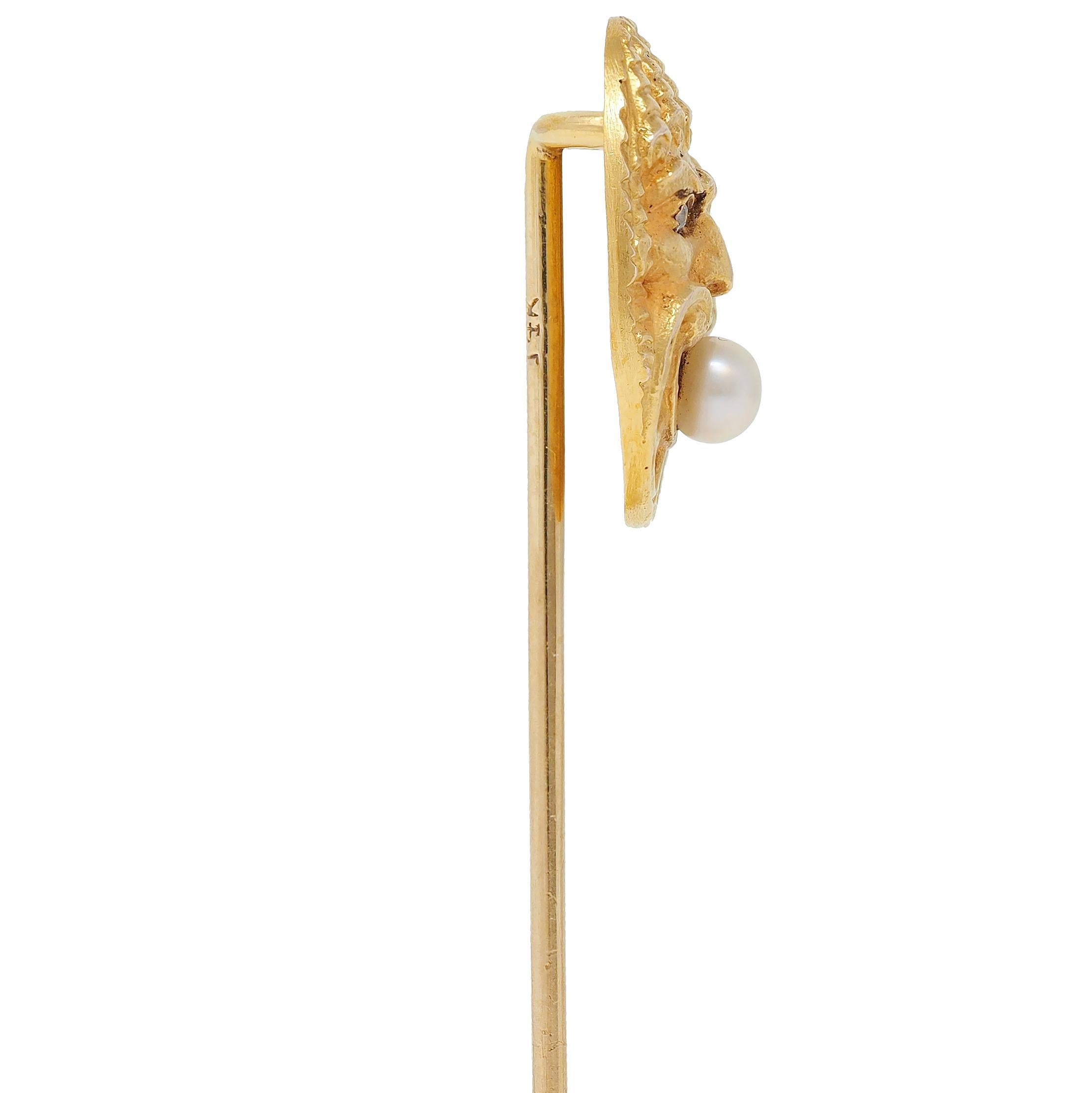 Single Cut Victorian Diamond Pearl 14 Karat Yellow Gold Antique God Of Wind Stickpin For Sale
