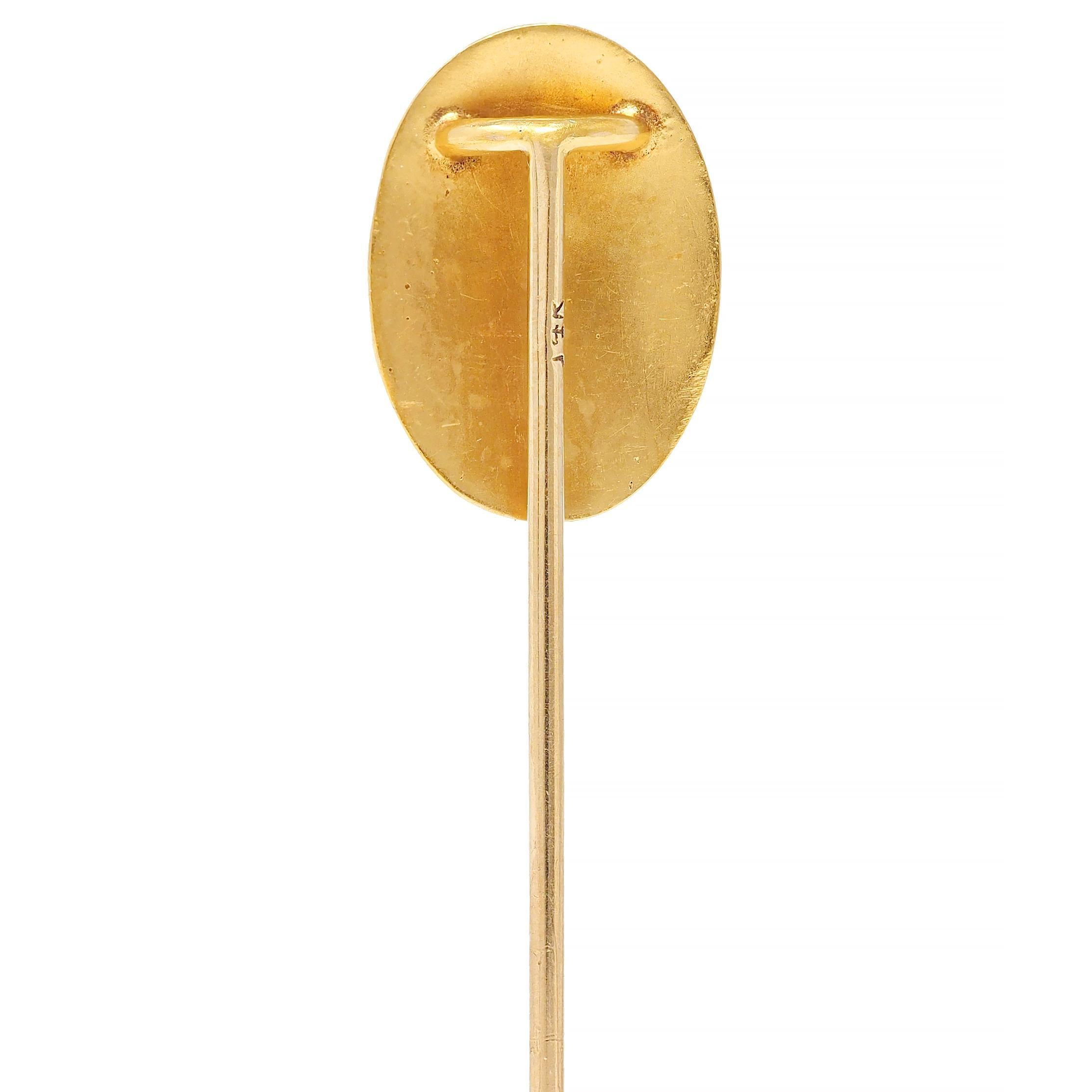 Victorian Diamond Pearl 14 Karat Yellow Gold Antique God Of Wind Stickpin In Excellent Condition For Sale In Philadelphia, PA