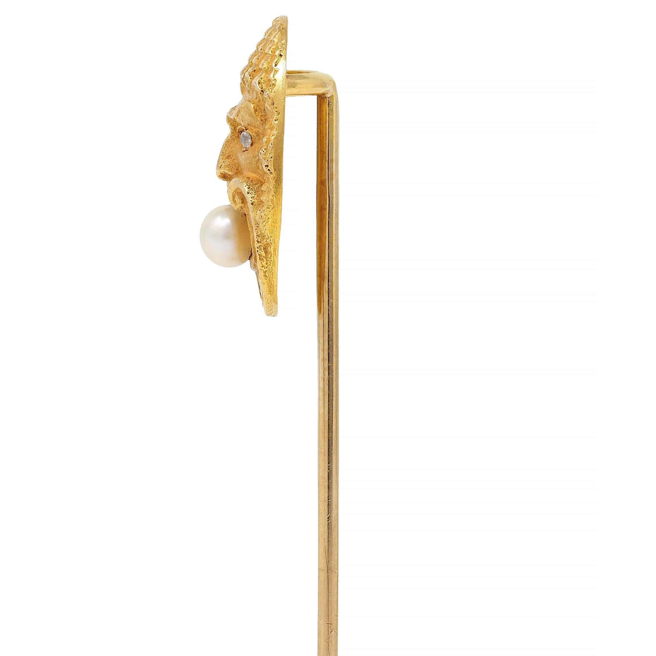 Women's or Men's Victorian Diamond Pearl 14 Karat Yellow Gold Antique God Of Wind Stickpin For Sale