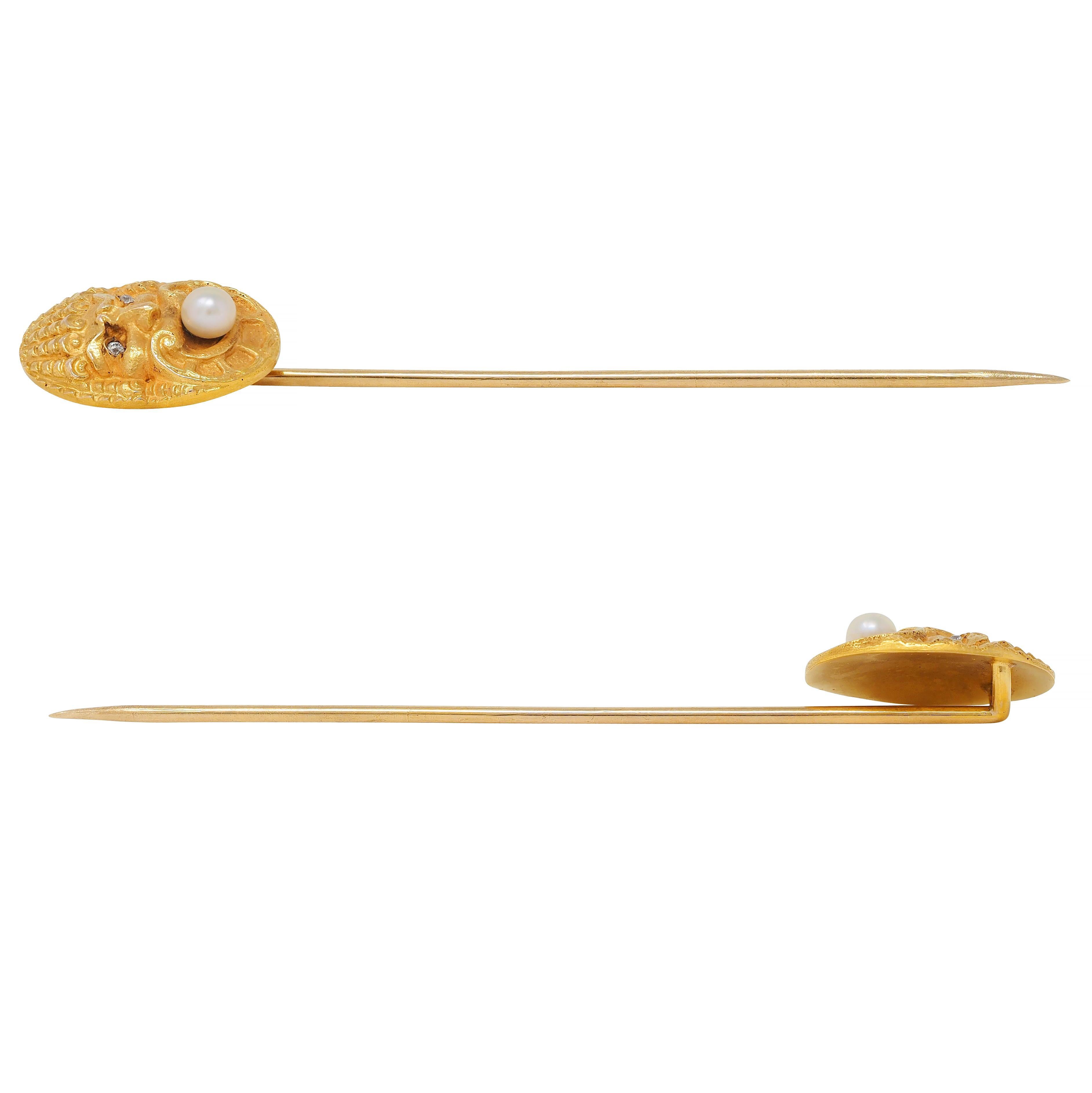 Victorian Diamond Pearl 14 Karat Yellow Gold Antique God Of Wind Stickpin For Sale 1
