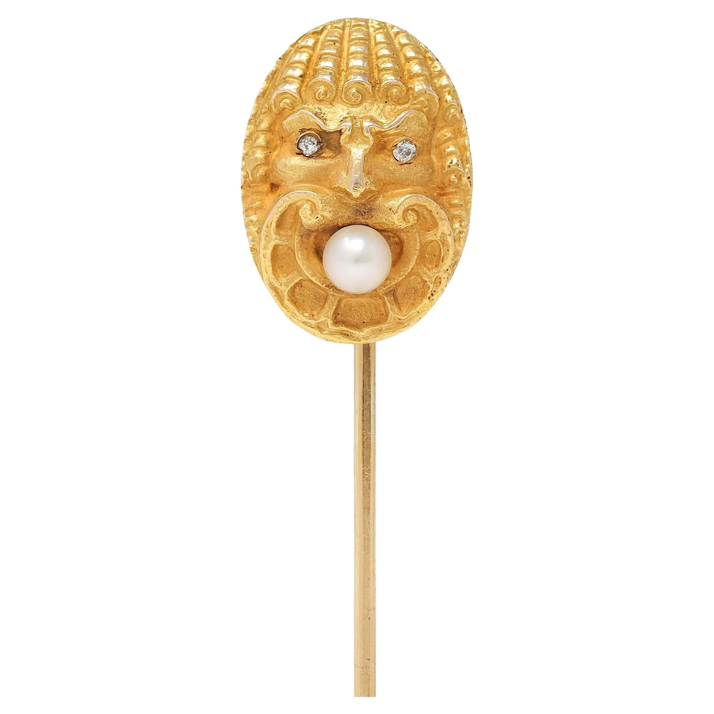 Victorian Diamond Pearl 14 Karat Yellow Gold Antique God Of Wind Stickpin