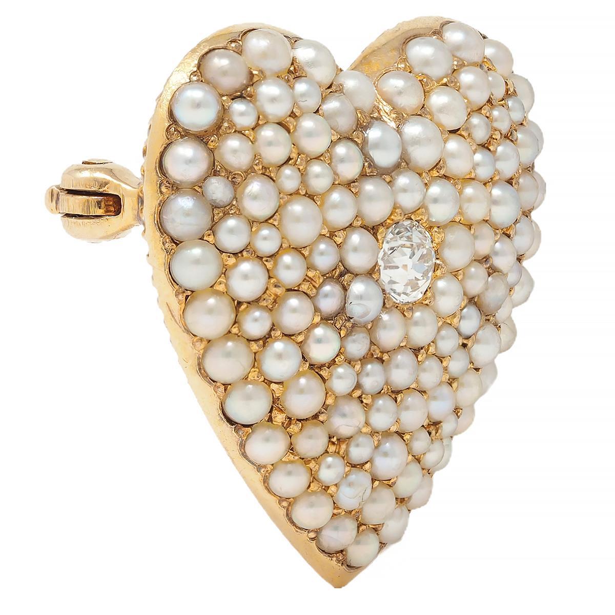 Cabochon Victorian Diamond Pearl 14 Karat Yellow Gold Antique Heart Pendant Brooch