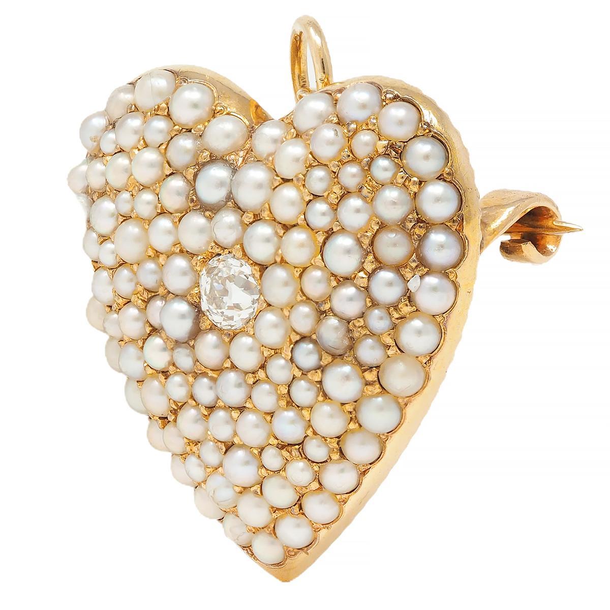 Women's or Men's Victorian Diamond Pearl 14 Karat Yellow Gold Antique Heart Pendant Brooch
