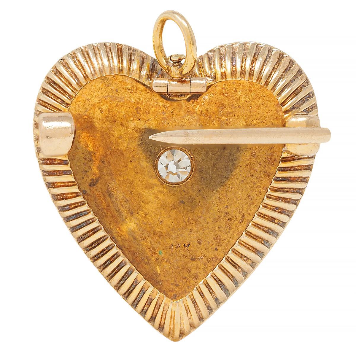 Victorian Diamond Pearl 14 Karat Yellow Gold Antique Heart Pendant Brooch 1
