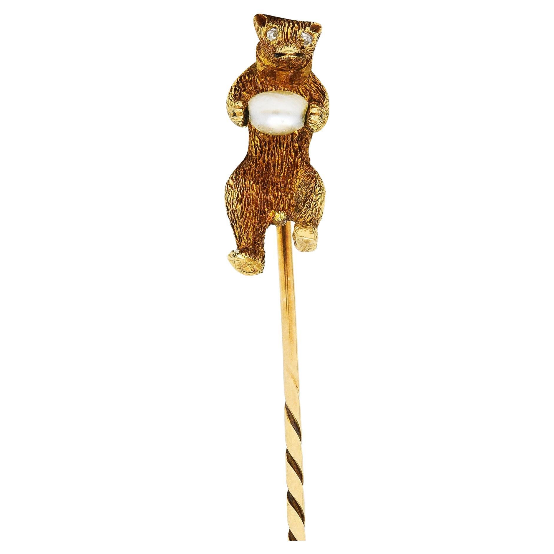 Épingle à cravate victorienne ancienne en or jaune 14 carats avec diamants et perle en forme d'ours de cirque