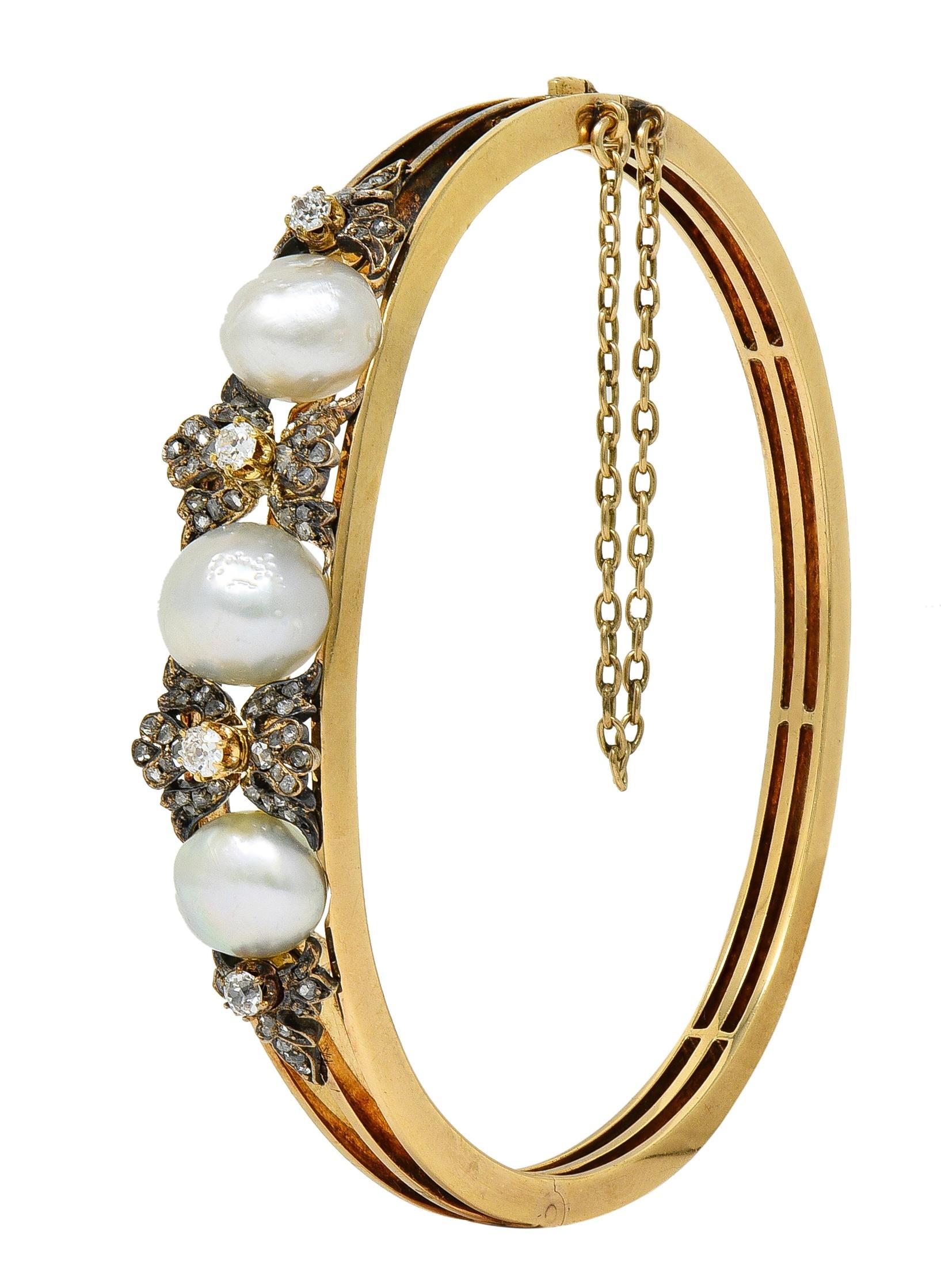 Victorien Bracelet de style victorien avec diamants et perles en or jaune 14 carats et argent antique en vente