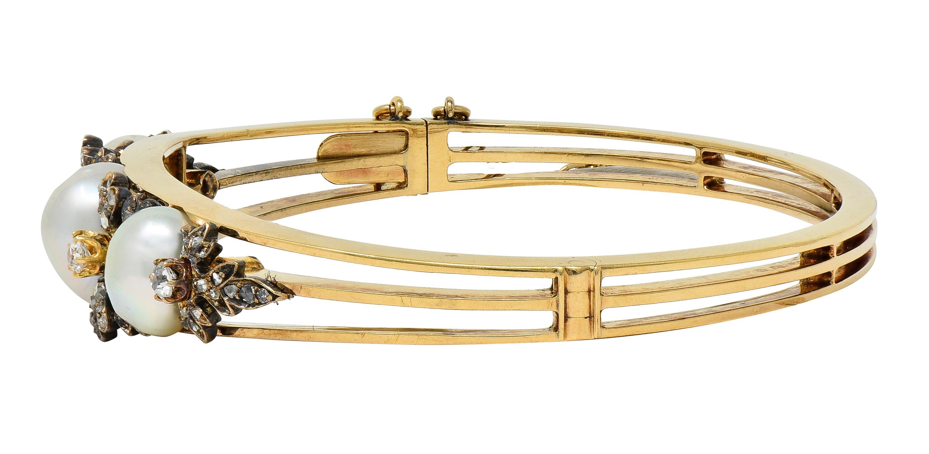 Bracelet de style victorien avec diamants et perles en or jaune 14 carats et argent antique Pour femmes en vente