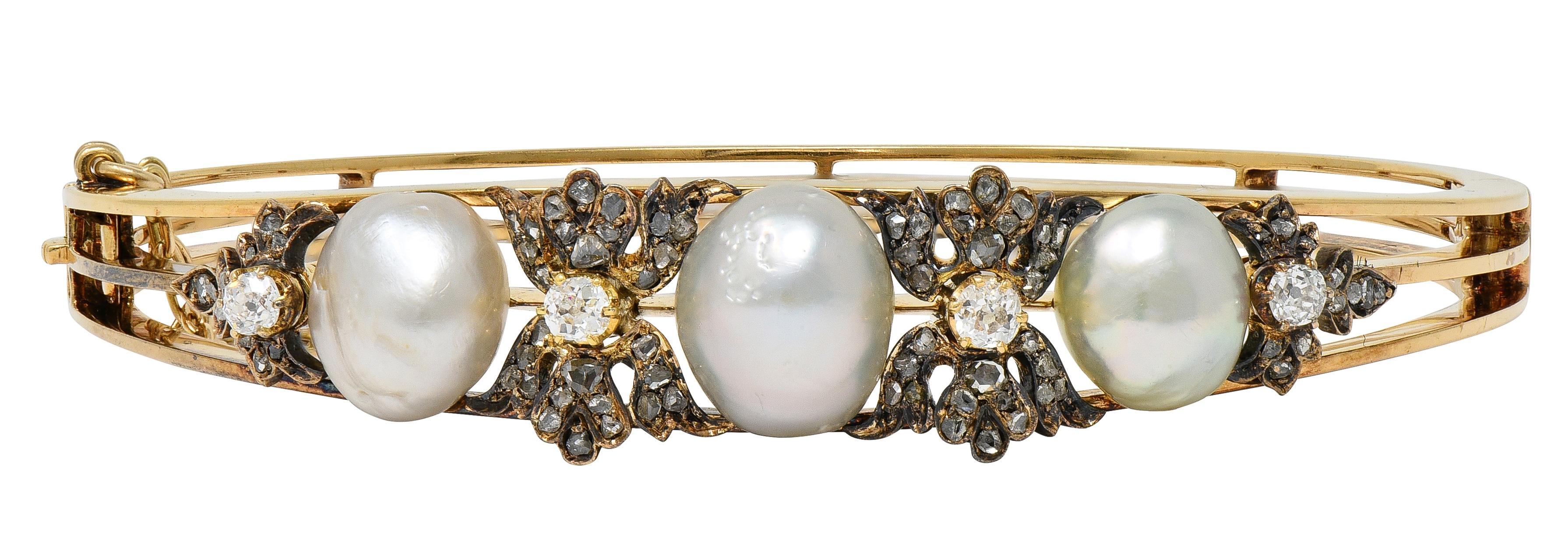Bracelet de style victorien avec diamants et perles en or jaune 14 carats et argent antique en vente 2