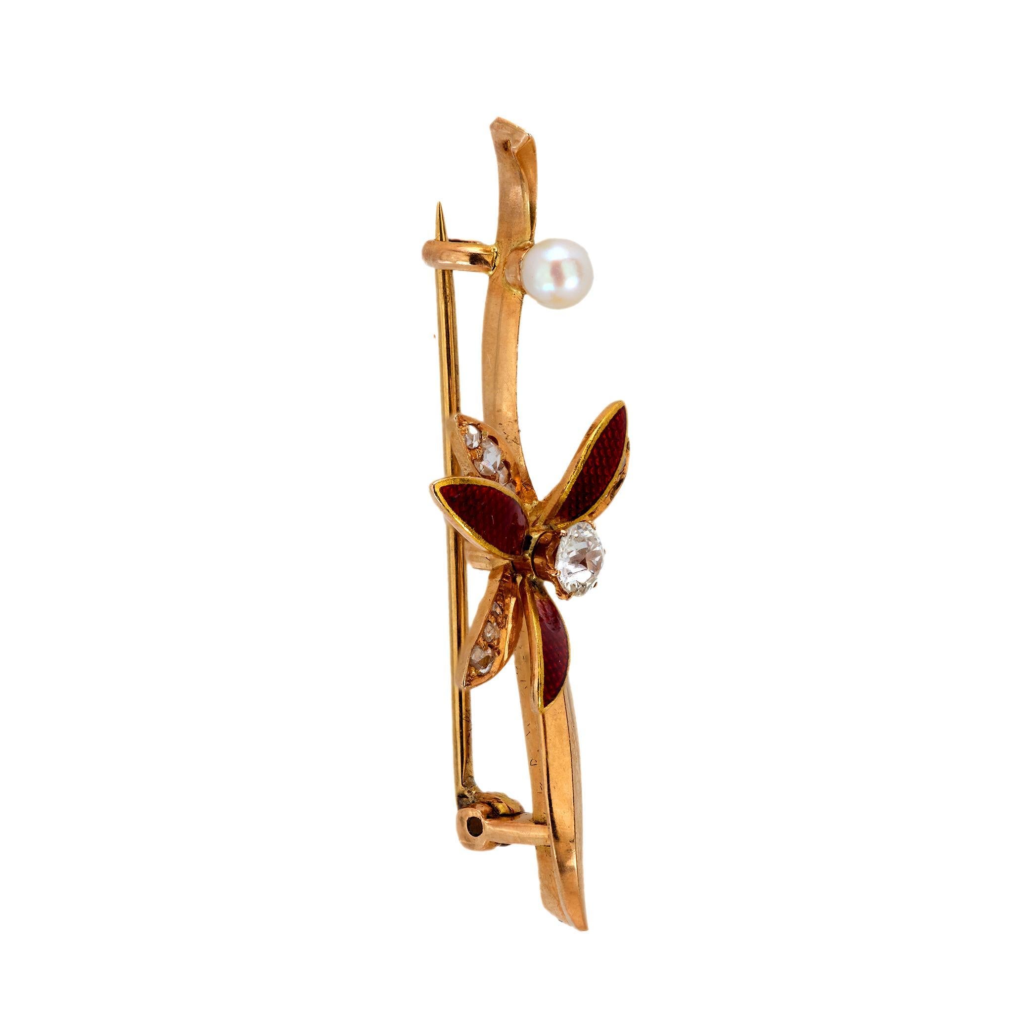 Old European Cut Victorian diamond pearl 14k rose gold and red enamel flower brooch For Sale