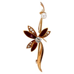 Victorian diamond pearl 14k rose gold and red enamel flower brooch