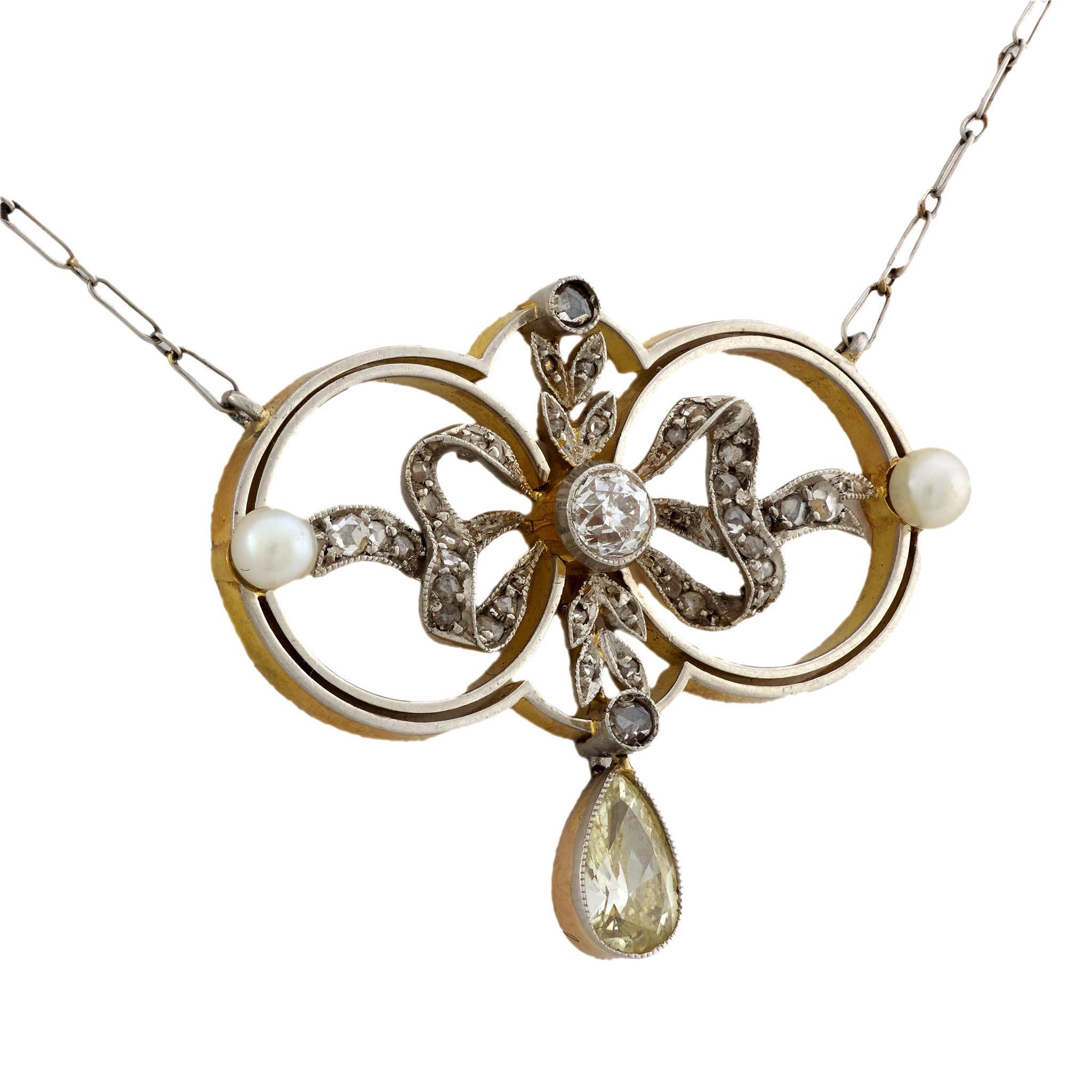 Vittoriano Collana vittoriana con perle e diamanti in oro giallo 18 carati e platino in vendita