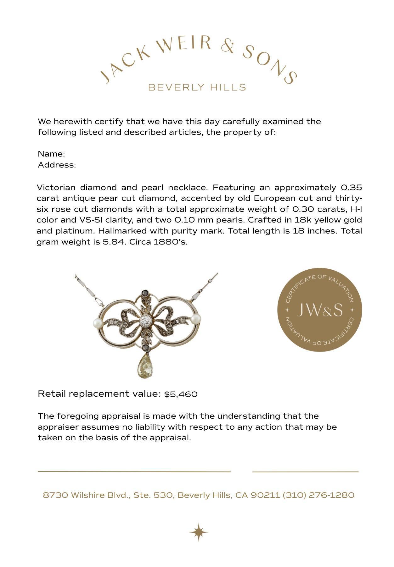 Collana vittoriana con perle e diamanti in oro giallo 18 carati e platino In condizioni buone in vendita a Beverly Hills, CA
