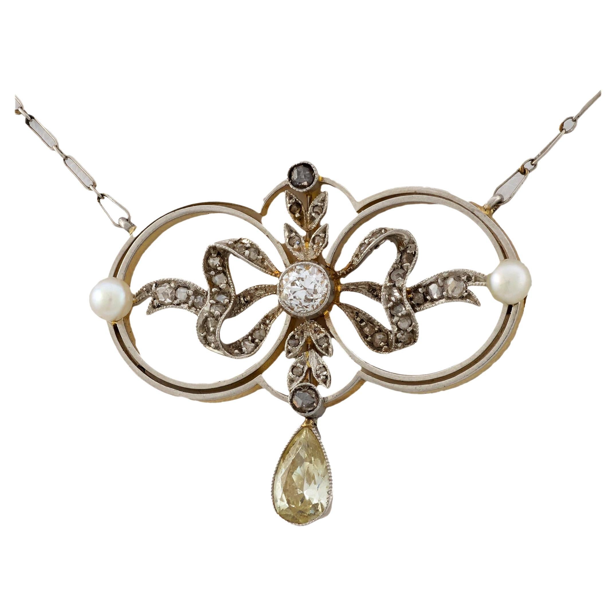 Collier victorien diamant perle en or jaune 18k et platine