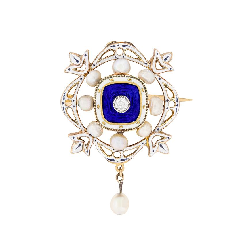 Victorian Diamond, Pearl and Enamel Pendant and Brooch, circa 1890s In Good Condition In London, GB