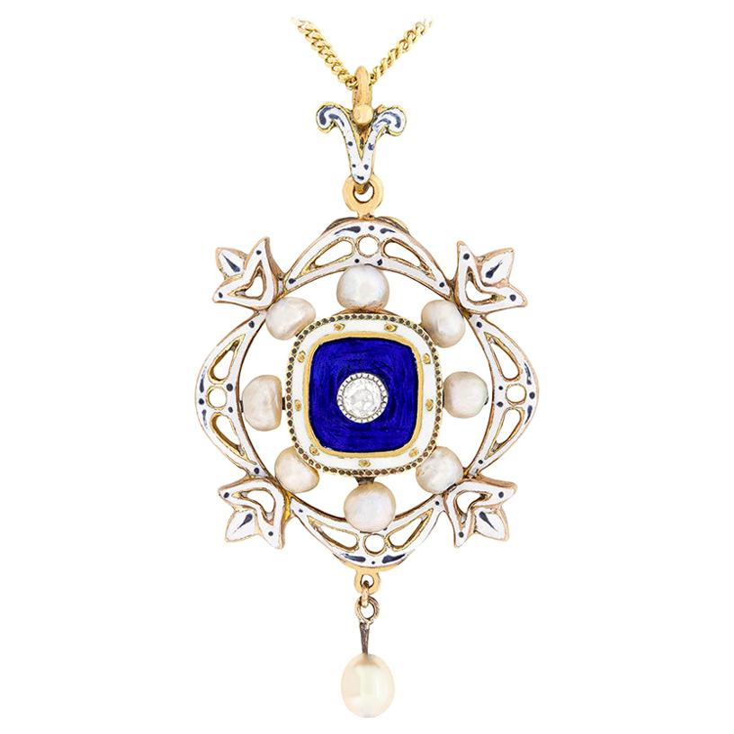 Victorian Diamond, Pearl and Enamel Pendant and Brooch, circa 1890s