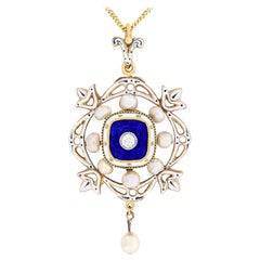 Antique Victorian Diamond, Pearl and Enamel Pendant and Brooch, circa 1890s