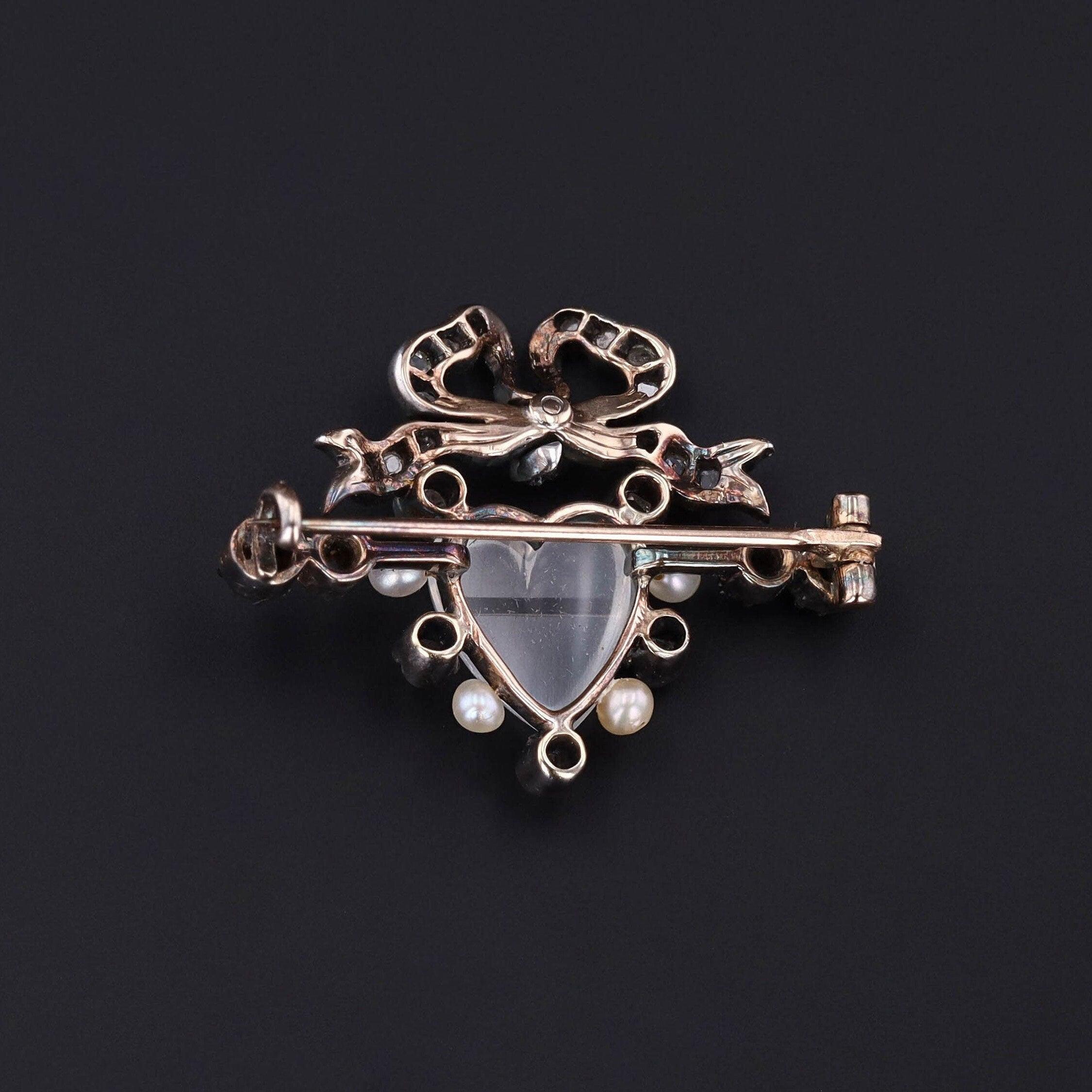 Cabochon Victorian Diamond Pearl and Moonstone Heart Brooch
