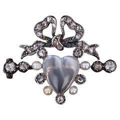 Victorian Diamond Pearl and Moonstone Heart Brooch