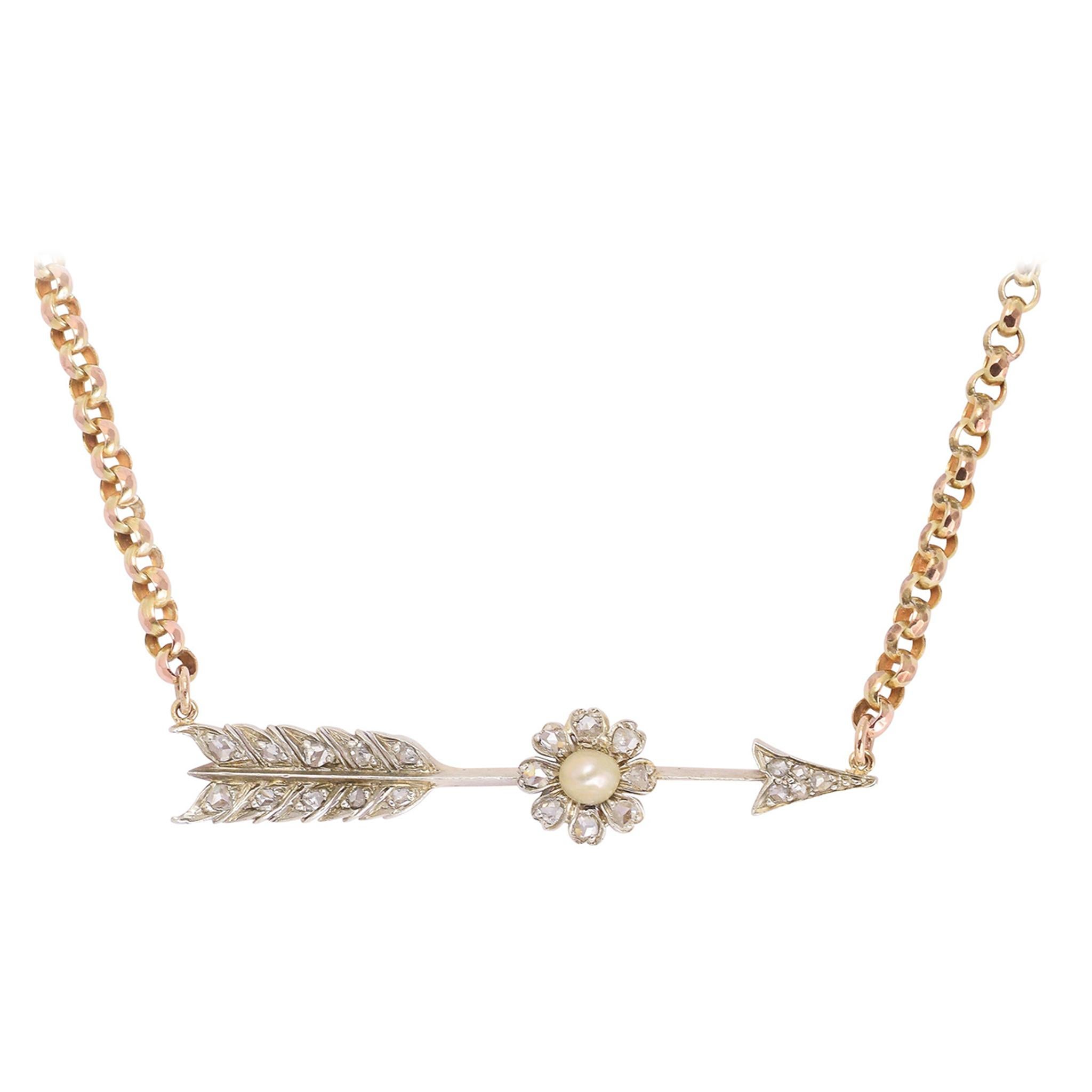 Victorian Diamond and Pearl Arrow Necklace