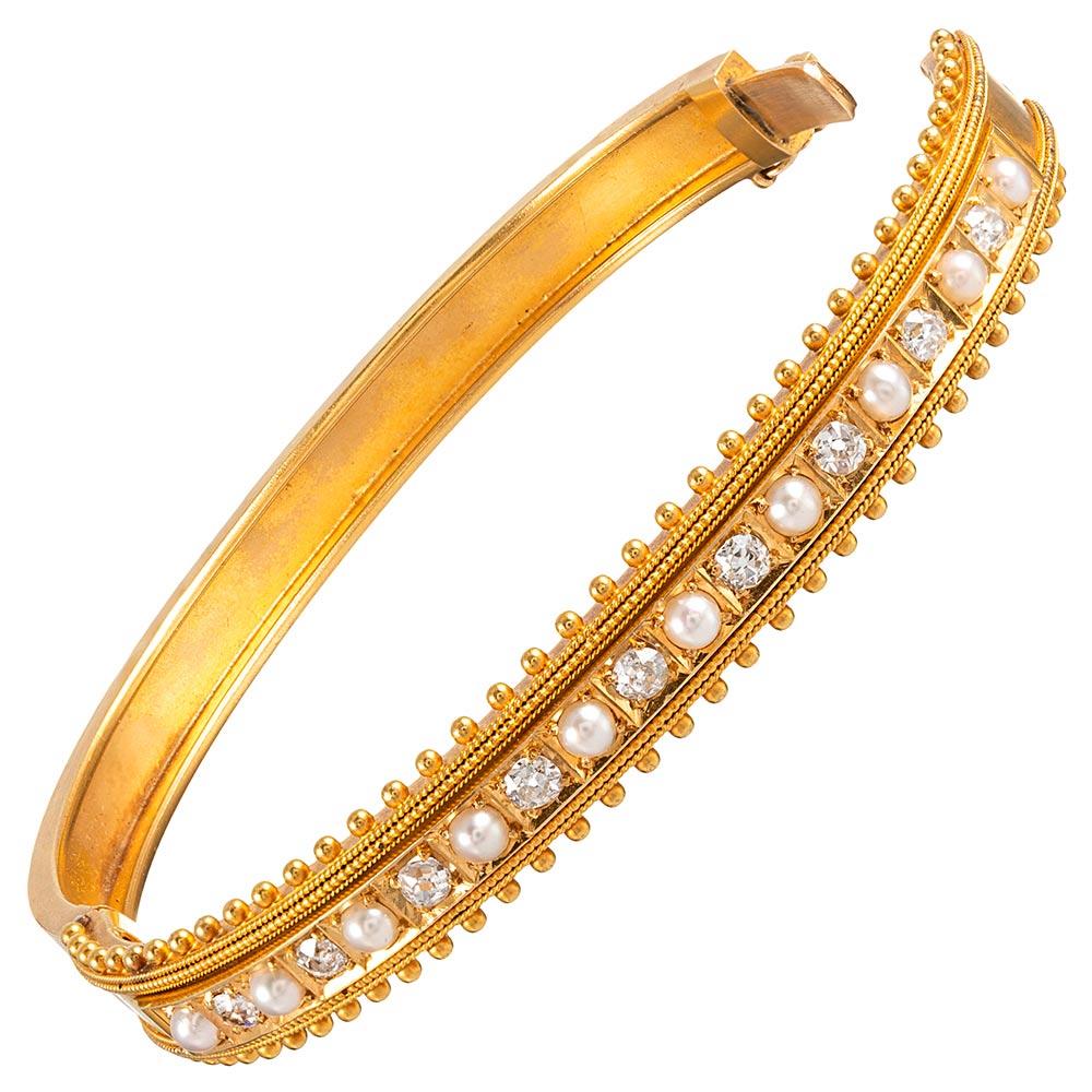 Victorian Diamond and Pearl Bangle In Good Condition In Carmel-by-the-Sea, CA