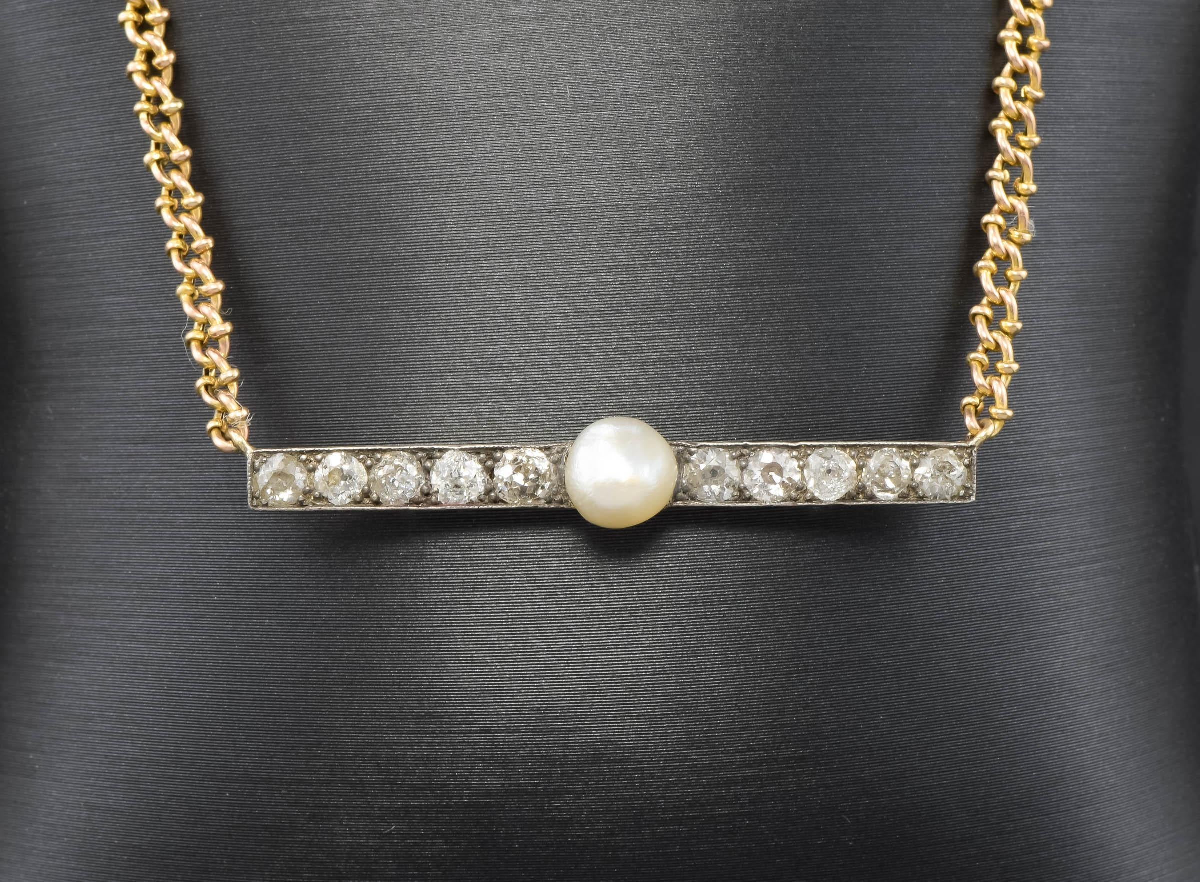 A gorgeous antique fancy link chain combined with a Victorian period diamond bar with central pearl - this is an antique conversion necklace. I found the chain long ago and waited to find a bar brooch I loved enough to pair with it.

The