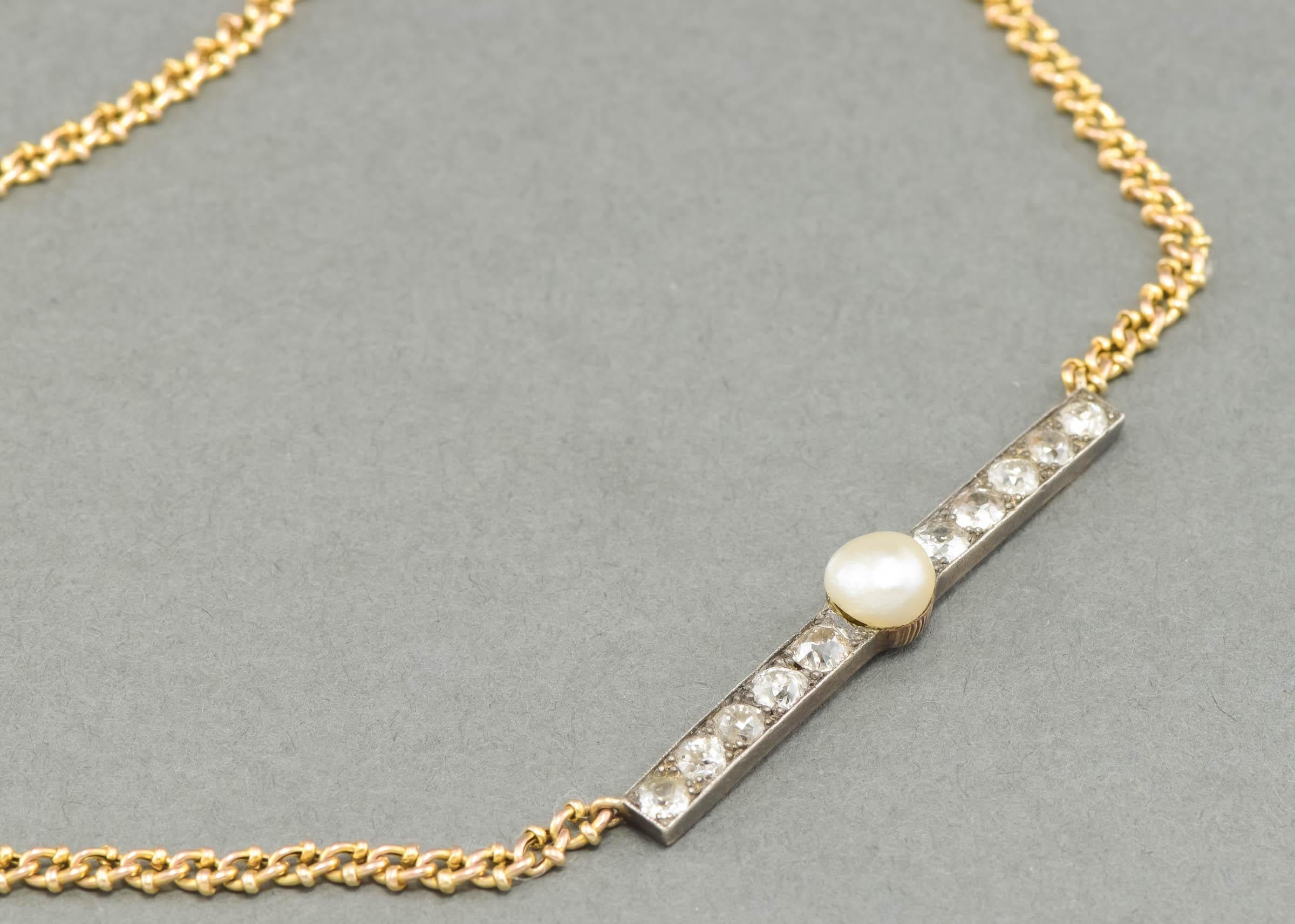 Women's Victorian Diamond Pearl Bar Necklace Conversion with Fancy Link Chain