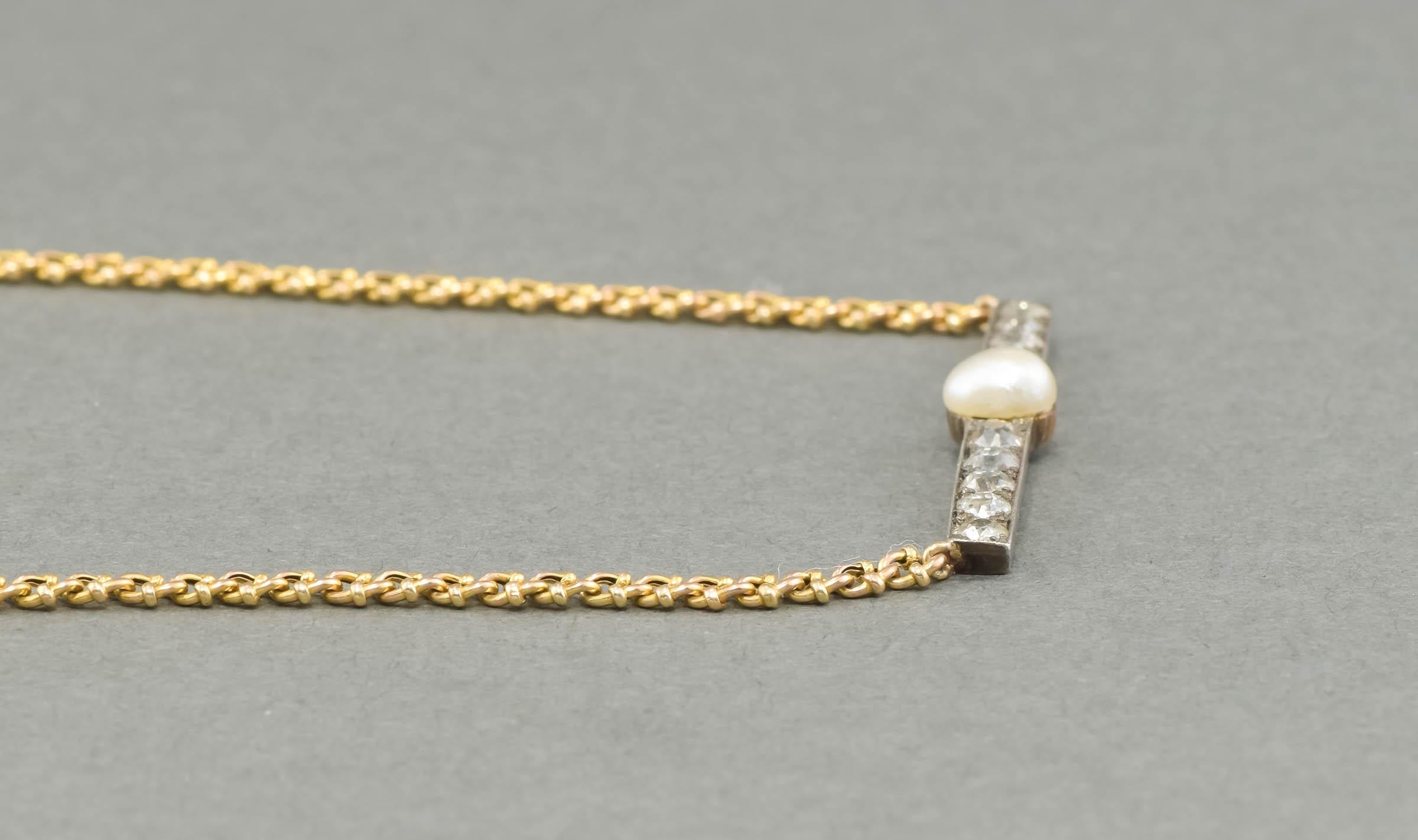 Victorian Diamond Pearl Bar Necklace Conversion with Fancy Link Chain 3