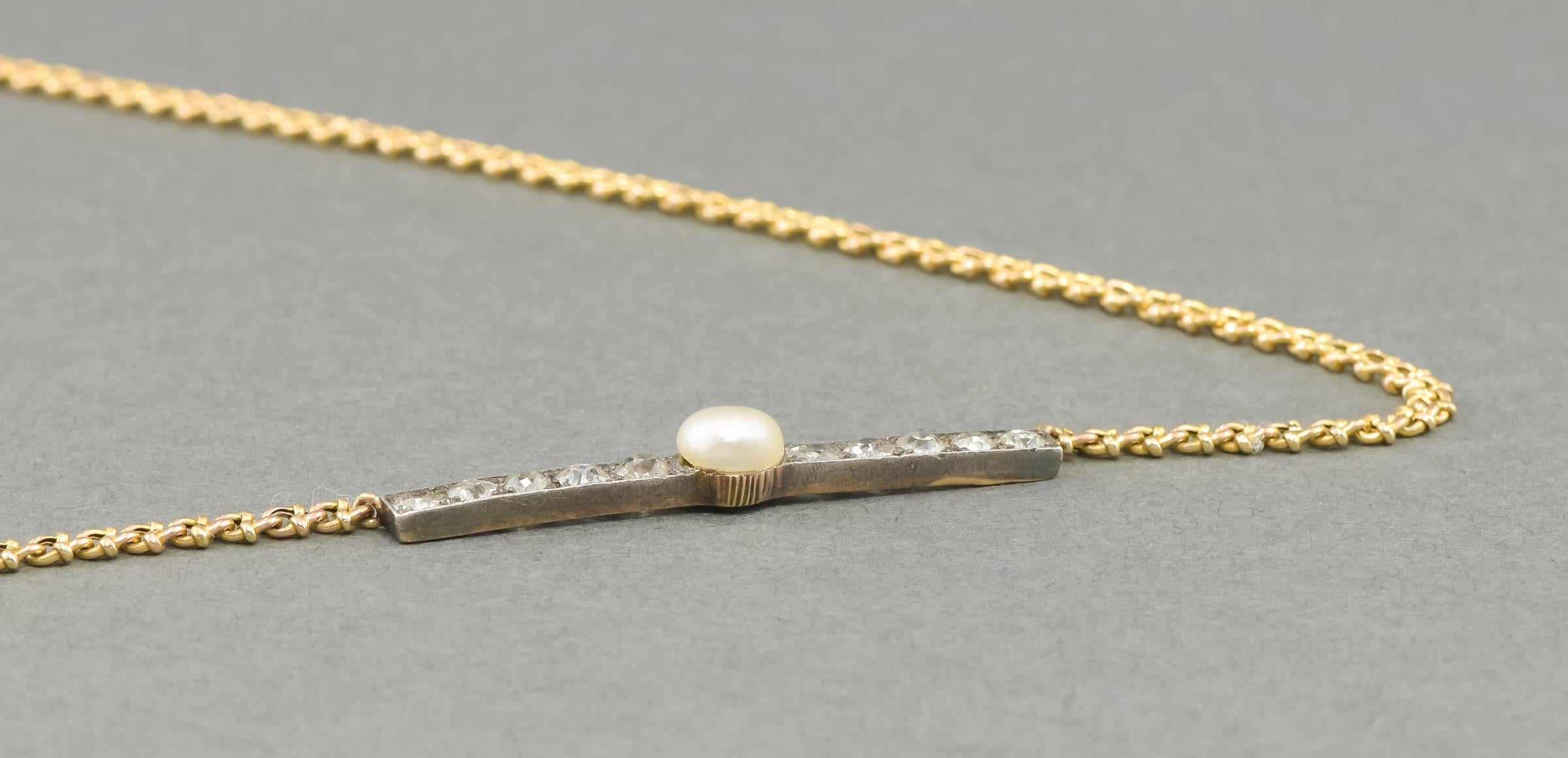 Victorian Diamond Pearl Bar Necklace Conversion with Fancy Link Chain 4