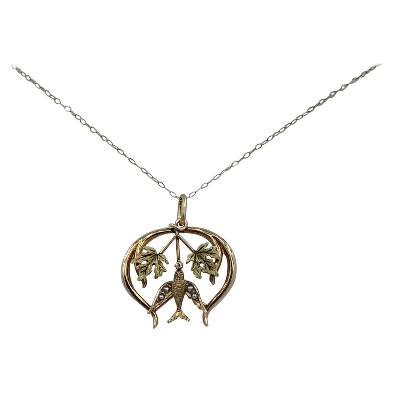 Victorian Diamond Pearl Bird Leaf Pendant Necklace Green Gold Swallow Dove