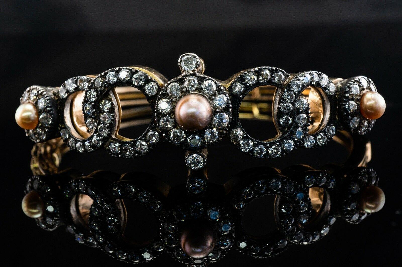 Victorian Diamond Pearl Bracelet 14K Gold & Silver Bangle 4.44 TDW For Sale 5