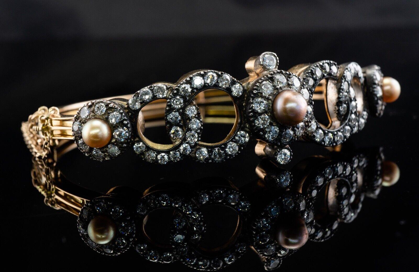 Victorian Diamond Pearl Bracelet 14K Gold & Silver Bangle 4.44 TDW For Sale 6