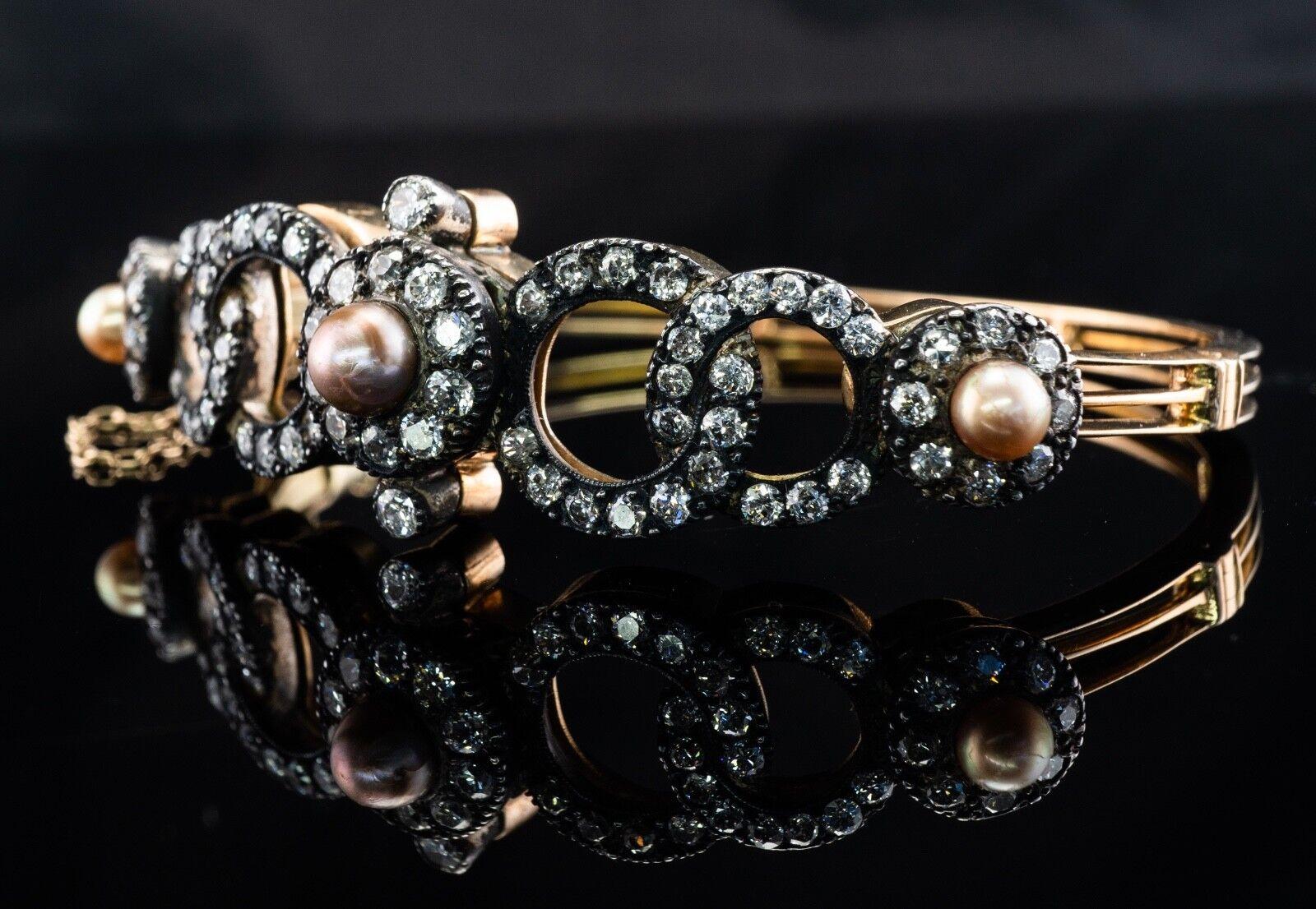 Victorian Diamond Pearl Bracelet 14K Gold & Silver Bangle 4.44 TDW For Sale 7