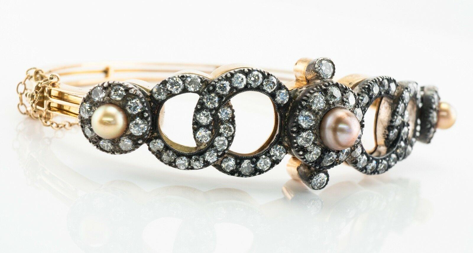 Round Cut Victorian Diamond Pearl Bracelet 14K Gold & Silver Bangle 4.44 TDW For Sale