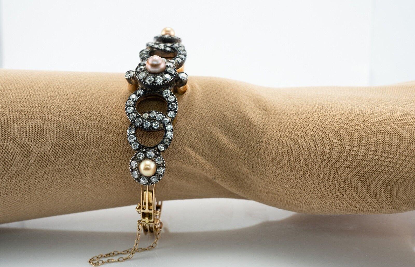 Victorian Diamond Pearl Bracelet 14K Gold & Silver Bangle 4.44 TDW For Sale 1