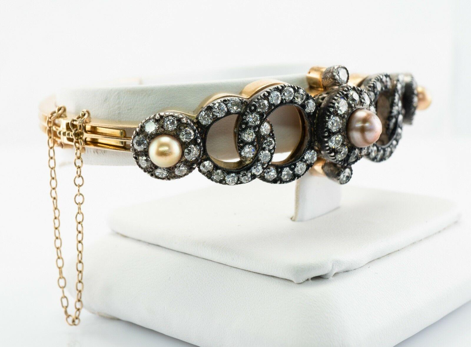 Victorian Diamond Pearl Bracelet 14K Gold & Silver Bangle 4.44 TDW For Sale 2
