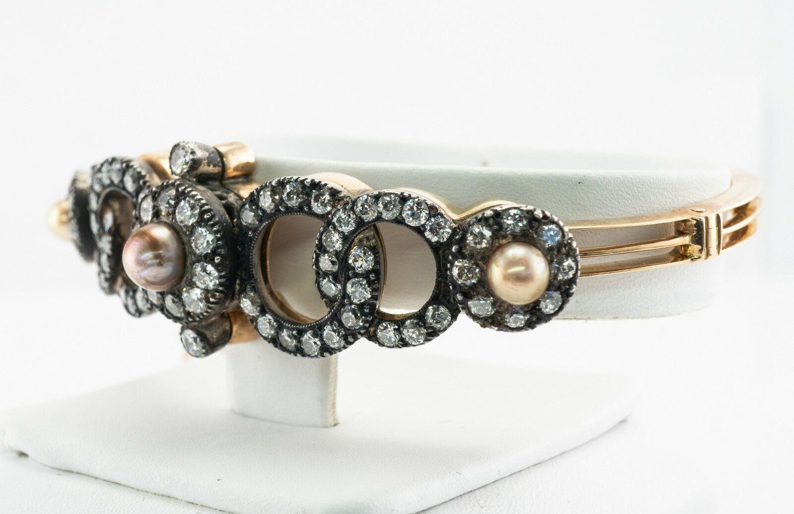 Victorian Diamond Pearl Bracelet 14K Gold & Silver Bangle 4.44 TDW For Sale 3