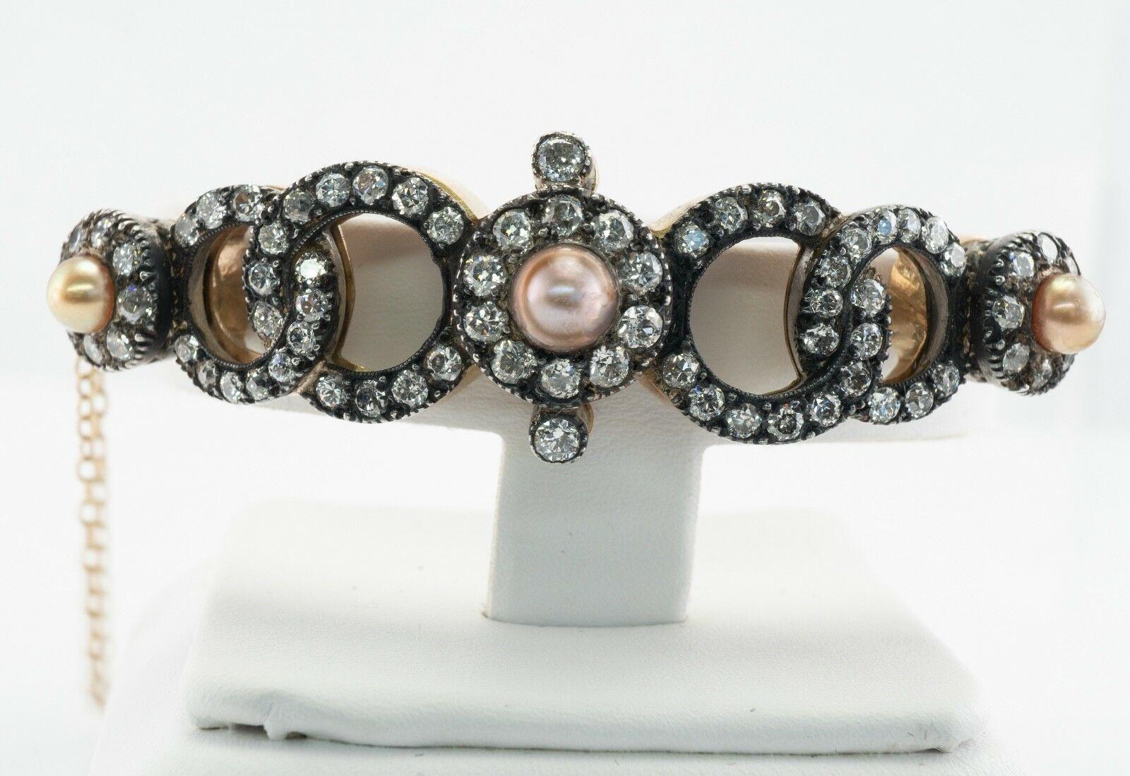 Victorian Diamond Pearl Bracelet 14K Gold & Silver Bangle 4.44 TDW For Sale 4