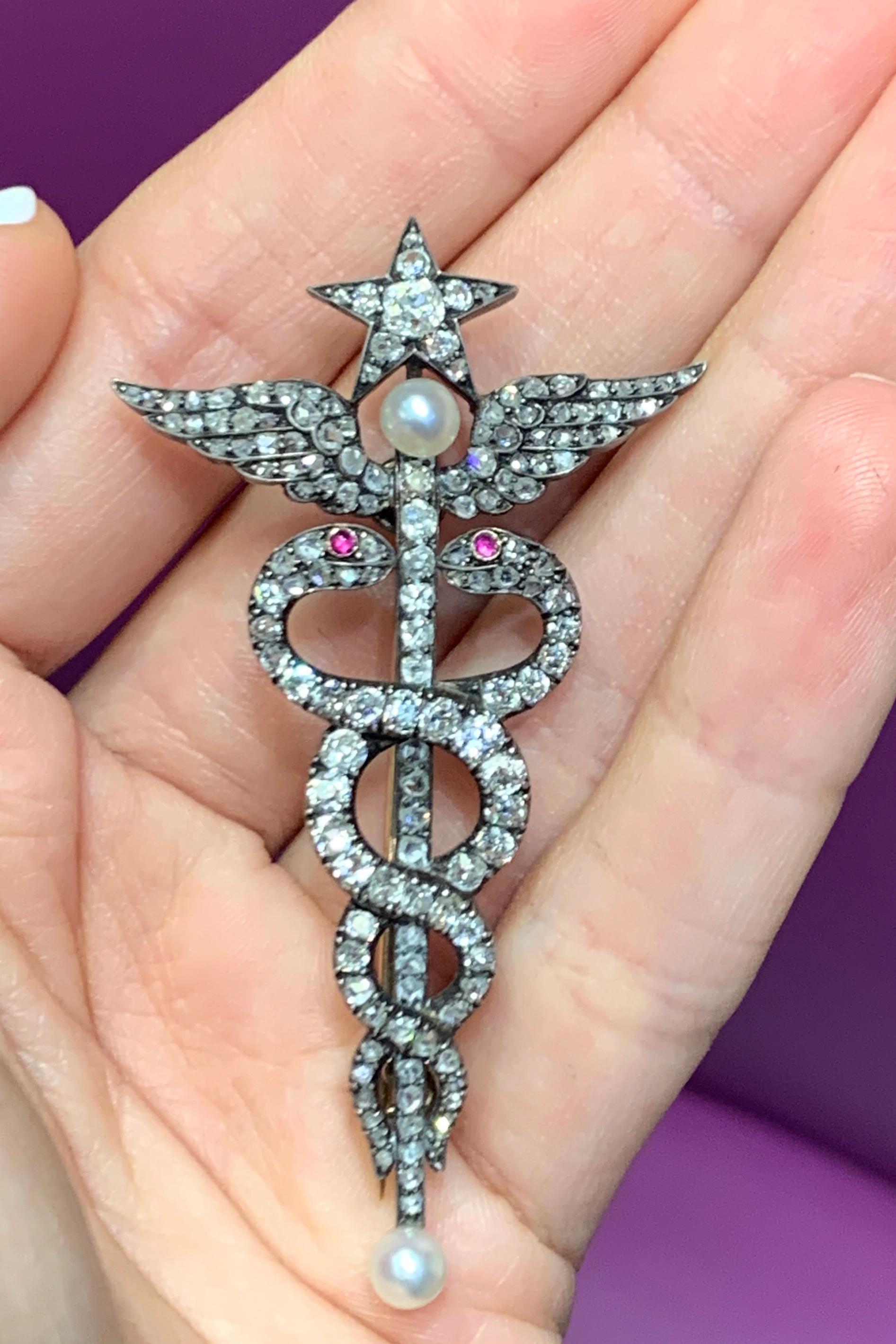 Round Cut Victorian Diamond and Pearl Caduceus Brooch