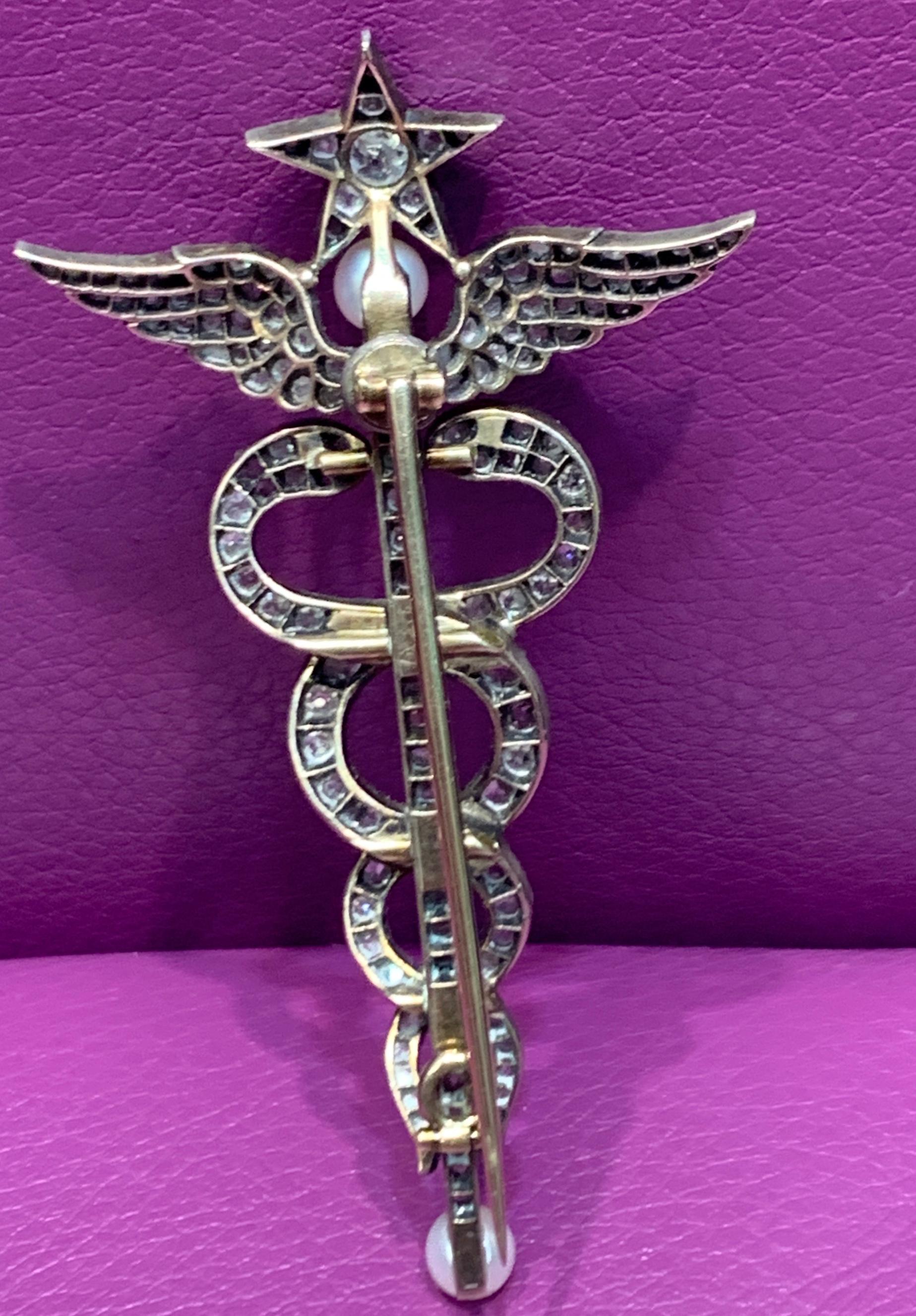 Victorian Diamond and Pearl Caduceus Brooch In Excellent Condition In New York, NY