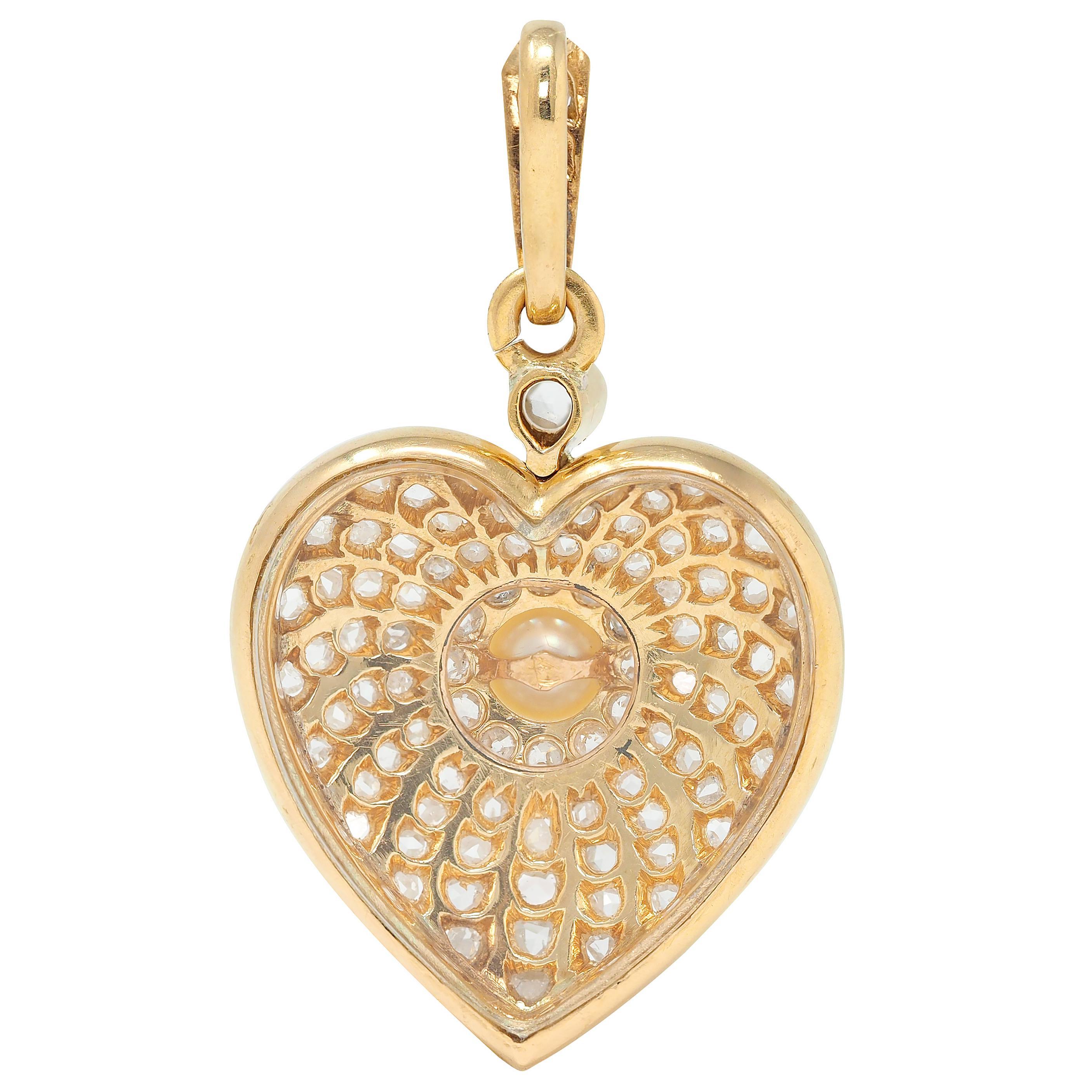 Victorien Pendentif coeur victorien en or jaune 18 carats avec diamant, perle et émail en vente