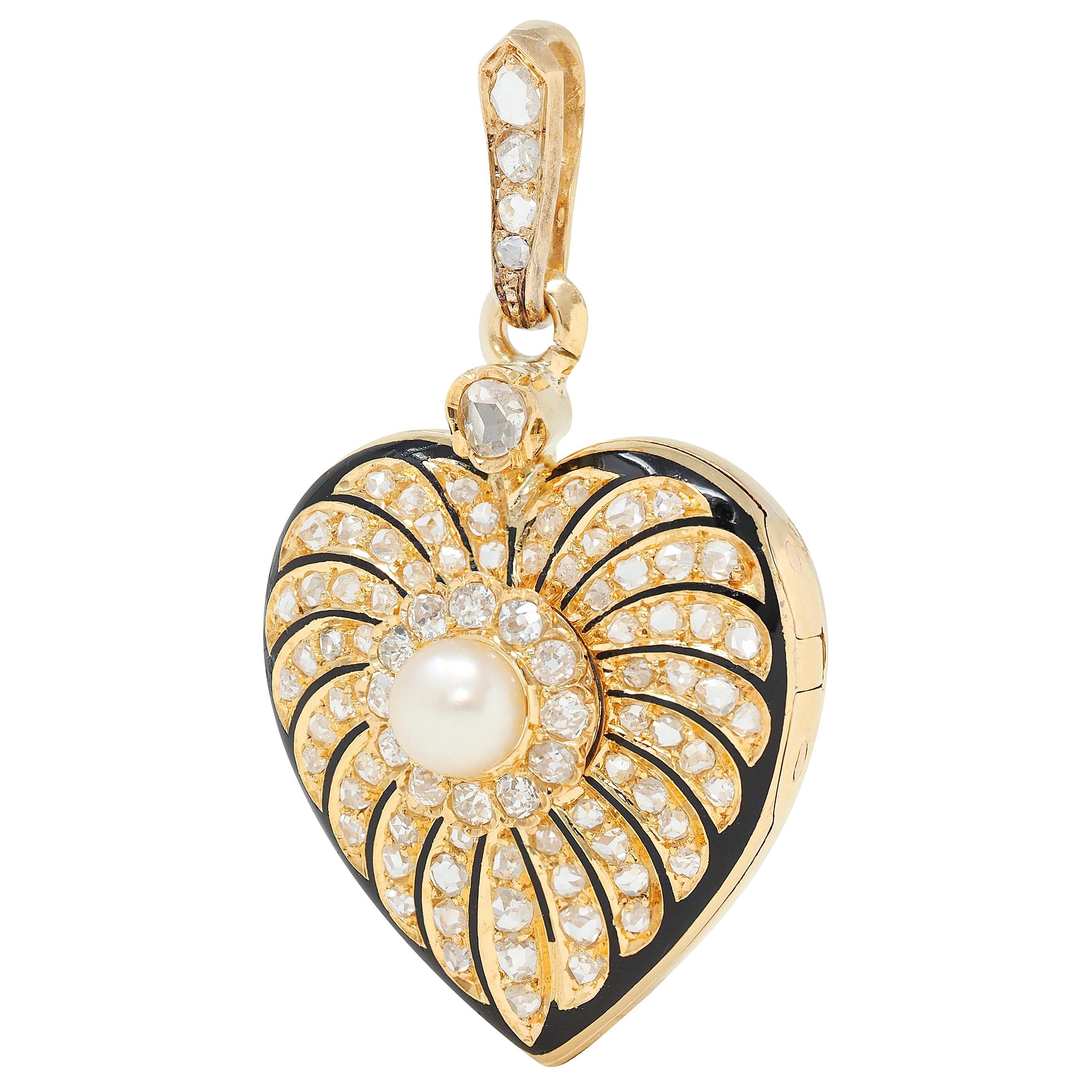 Pendentif coeur victorien en or jaune 18 carats avec diamant, perle et émail Excellent état - En vente à Philadelphia, PA